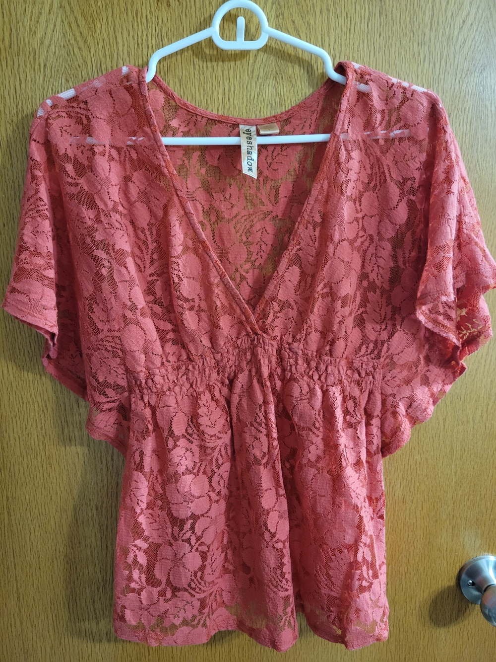 Eyeshadow Coral Lace V-Neck Flutter Sleeve Top